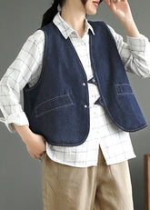 Dunkelblaue Jeansweste mit Patchwork-Taschen und ärmellosem